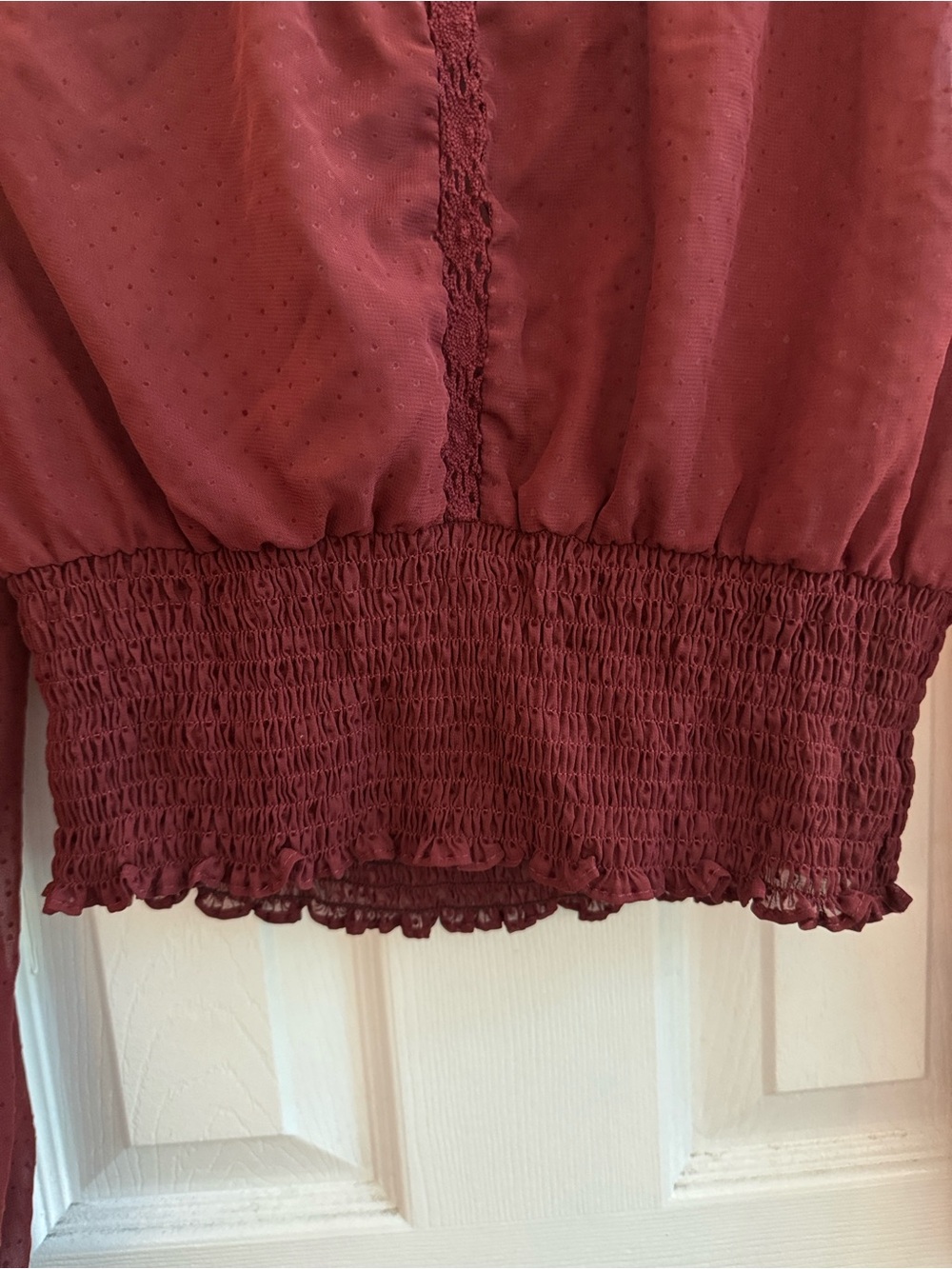 ZARA Burgundy High Neck Sheer Blouse Cinched Waist Whimsigoth Size Small - Picture 4 of 7